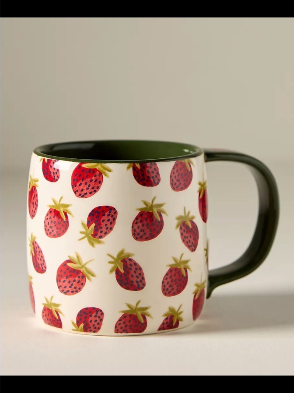 Anthropologie Strawberry Pattern Ceramic Coffee Mug - Green Interior